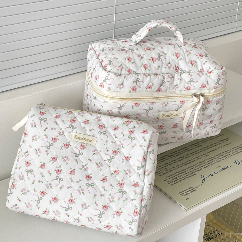 Geantă de cosmetice cu funda, din bumbac quiltat, căptușeală poliester, stil proaspăt și drăguț, pentru femei, portabil pentru călătorii (model: funda; material: bumbac quiltat; căptușeală: poliester; stil: proaspăt și drăguț; sex: femei)