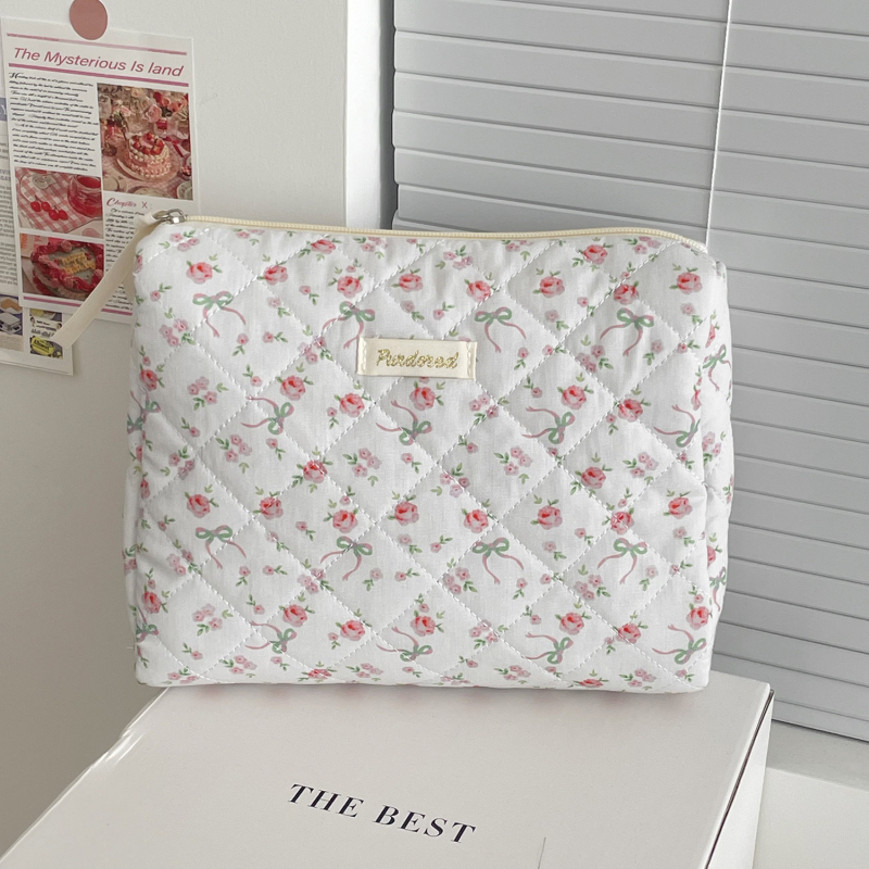 Geantă de cosmetice cu funda, din bumbac quiltat, căptușeală poliester, stil proaspăt și drăguț, pentru femei, portabil pentru călătorii (model: funda; material: bumbac quiltat; căptușeală: poliester; stil: proaspăt și drăguț; sex: femei)