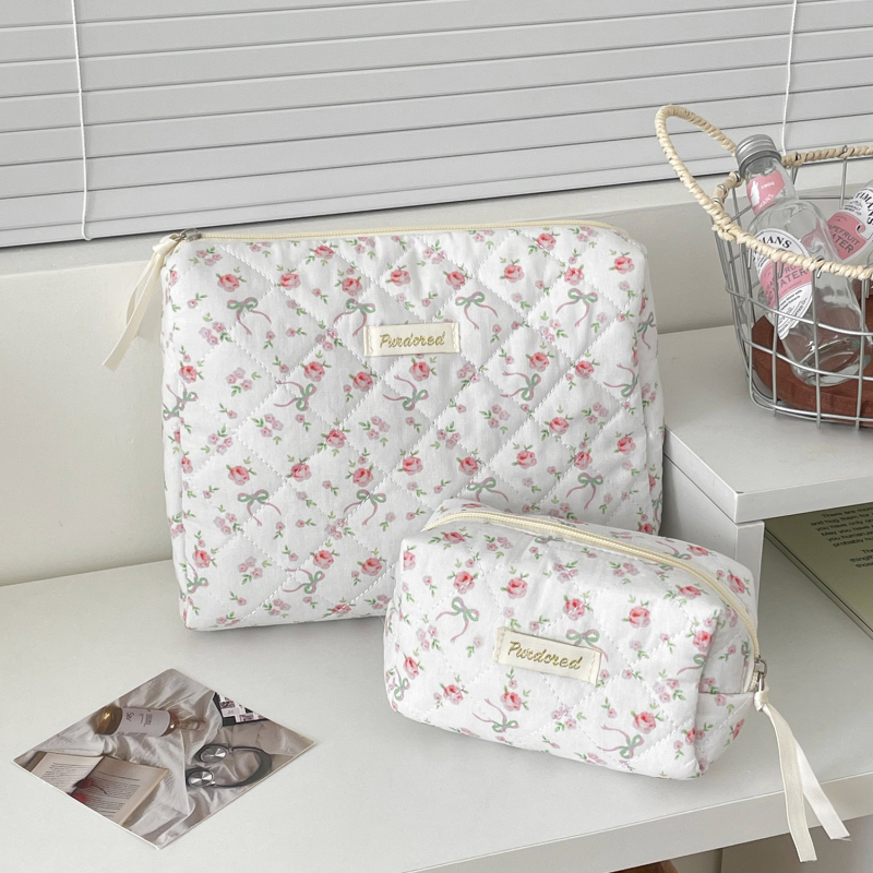 Geantă de cosmetice cu funda, din bumbac quiltat, căptușeală poliester, stil proaspăt și drăguț, pentru femei, portabil pentru călătorii (model: funda; material: bumbac quiltat; căptușeală: poliester; stil: proaspăt și drăguț; sex: femei)