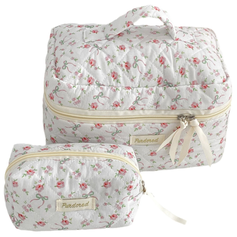 Geantă de cosmetice cu funda, din bumbac quiltat, căptușeală poliester, stil proaspăt și drăguț, pentru femei, portabil pentru călătorii (model: funda; material: bumbac quiltat; căptușeală: poliester; stil: proaspăt și drăguț; sex: femei)