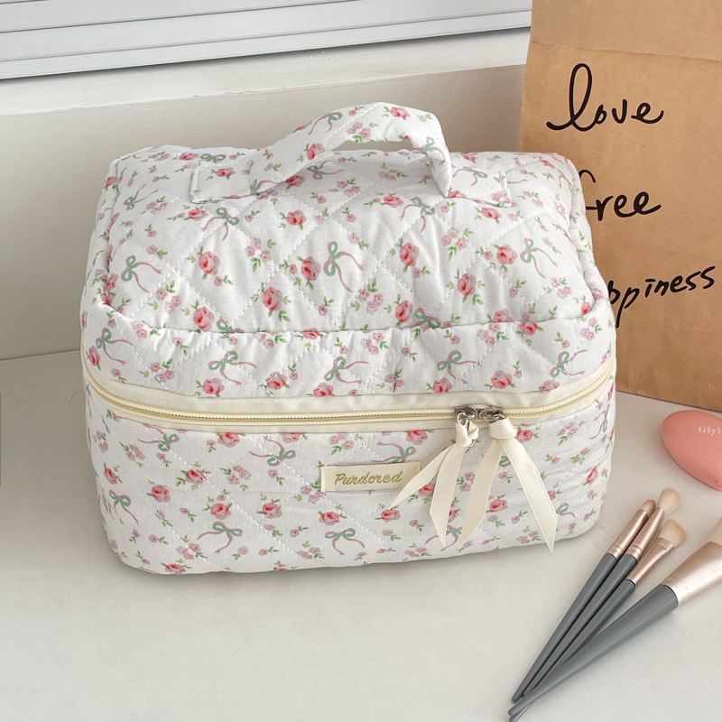 Geantă de cosmetice cu funda, din bumbac quiltat, căptușeală poliester, stil proaspăt și drăguț, pentru femei, portabil pentru călătorii (model: funda; material: bumbac quiltat; căptușeală: poliester; stil: proaspăt și drăguț; sex: femei)