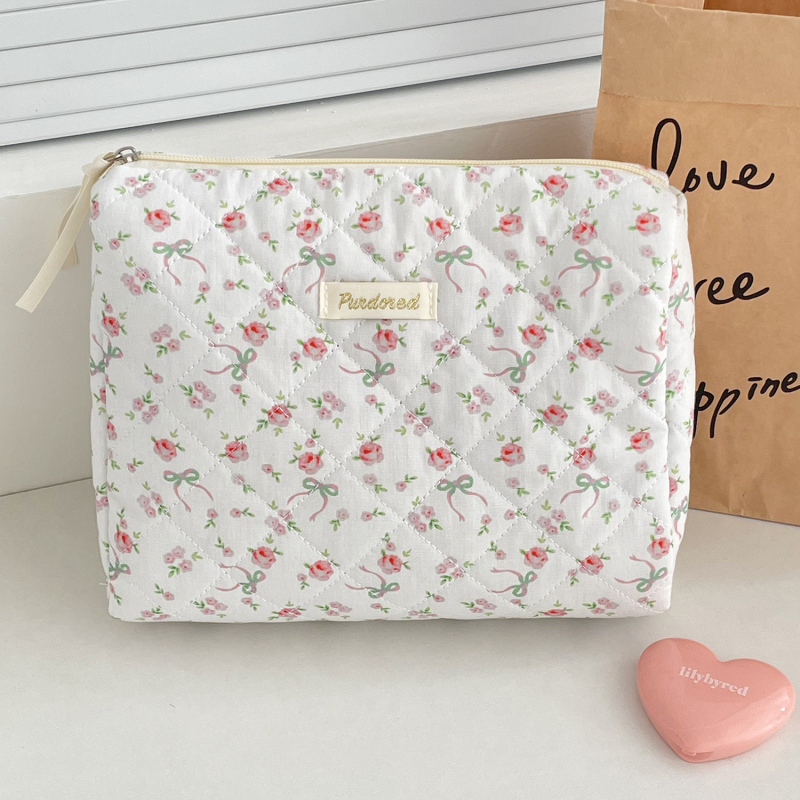 Geantă de cosmetice cu funda, din bumbac quiltat, căptușeală poliester, stil proaspăt și drăguț, pentru femei, portabil pentru călătorii (model: funda; material: bumbac quiltat; căptușeală: poliester; stil: proaspăt și drăguț; sex: femei)