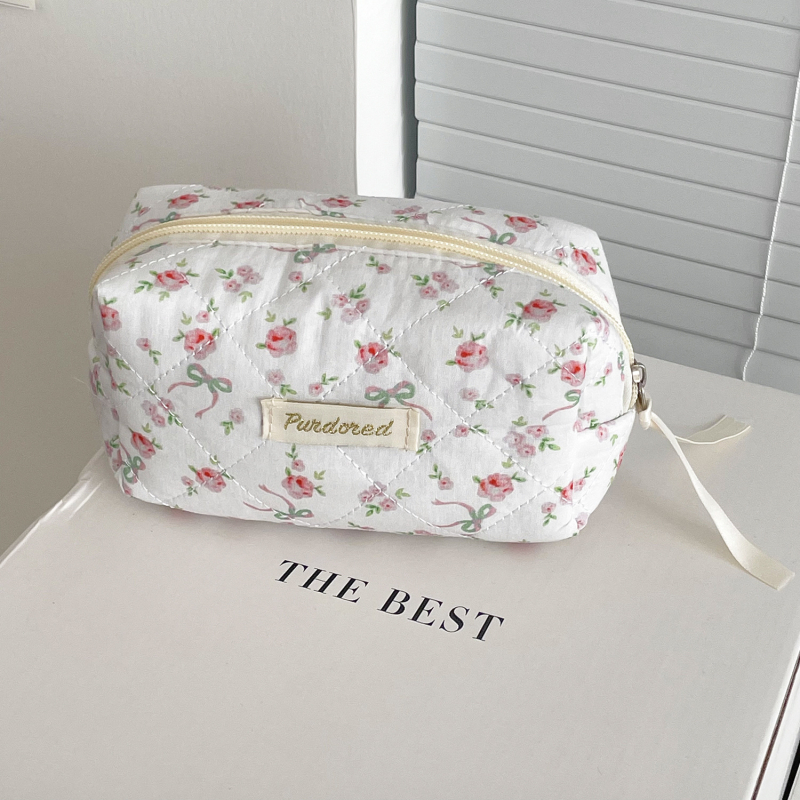 Geantă de cosmetice cu funda, din bumbac quiltat, căptușeală poliester, stil proaspăt și drăguț, pentru femei, portabil pentru călătorii (model: funda; material: bumbac quiltat; căptușeală: poliester; stil: proaspăt și drăguț; sex: femei)
