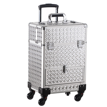 Geantă profesională de machiaj cu role pentru artiști – Material PU, încuietare, model geometric, roți universale, deschidere cu lacăt, Bayer, greutate 5.8 kg