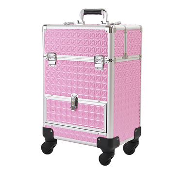 Geantă profesională de machiaj cu role pentru artiști – Material PU, încuietare, model geometric, roți universale, deschidere cu lacăt, Bayer, greutate 5.8 kg