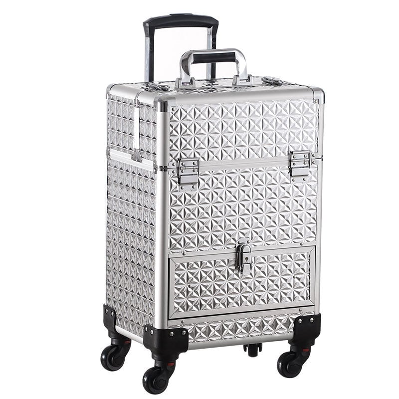 Geantă profesională de machiaj cu role pentru artiști – Material PU, încuietare, model geometric, roți universale, deschidere cu lacăt, Bayer, greutate 5.8 kg
