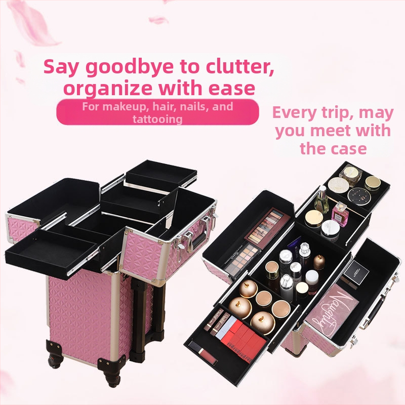 Profesionāla riteņojoša kosmētikas soma grima māksliniekiem – PU materiāls, droša slēdzama, ģeometrisks raksts, universālie riteņi, atvērums ar sprūdu, Bayer zīmols, svars 5.8 kg