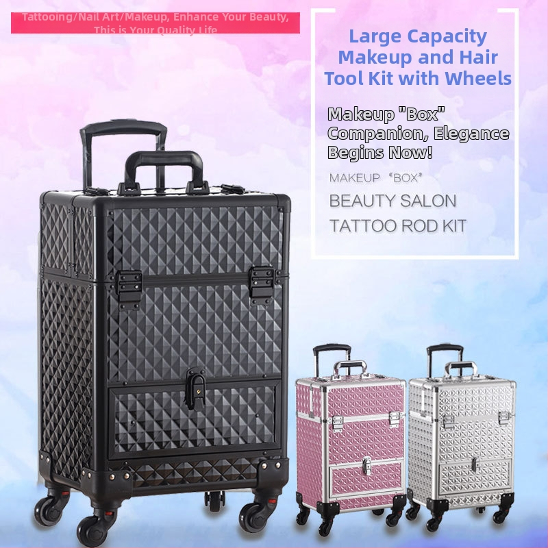 Profesionāla riteņojoša kosmētikas soma grima māksliniekiem – PU materiāls, droša slēdzama, ģeometrisks raksts, universālie riteņi, atvērums ar sprūdu, Bayer zīmols, svars 5.8 kg