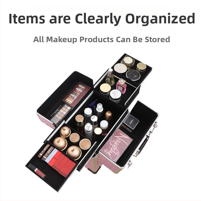 Profesionāla riteņojoša kosmētikas soma grima māksliniekiem – PU materiāls, droša slēdzama, ģeometrisks raksts, universālie riteņi, atvērums ar sprūdu, Bayer zīmols, svars 5.8 kg