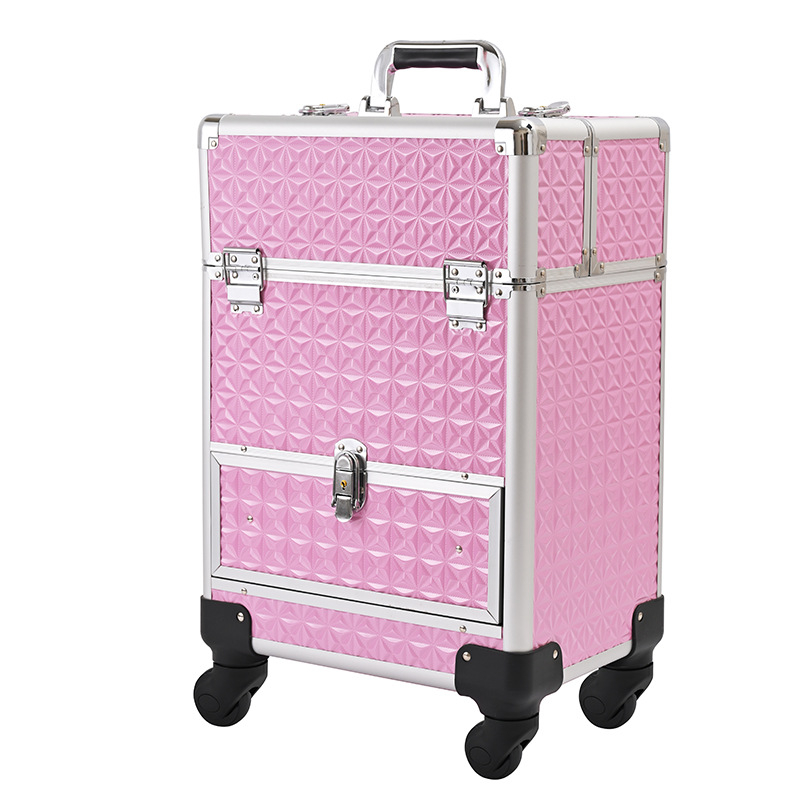 Profesionāla riteņojoša kosmētikas soma grima māksliniekiem – PU materiāls, droša slēdzama, ģeometrisks raksts, universālie riteņi, atvērums ar sprūdu, Bayer zīmols, svars 5.8 kg