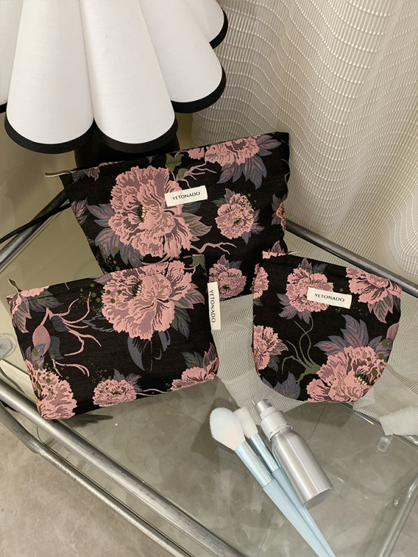 YEONADO Jacquard kozmetikai táska, nagy kapacitás, virágos minta, poliészter, vászon bélés