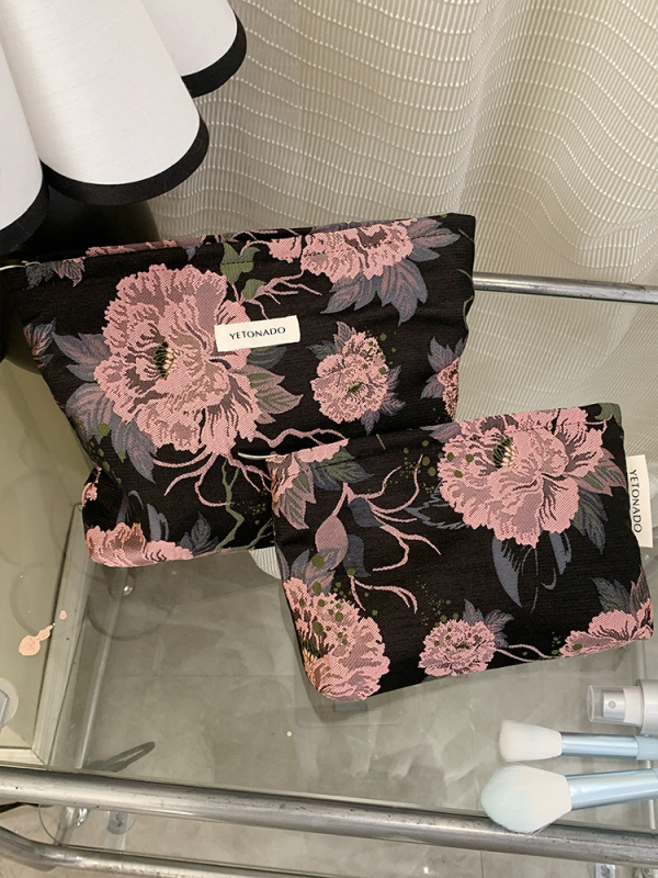 YEONADO Jacquard kozmetikai táska, nagy kapacitás, virágos minta, poliészter, vászon bélés