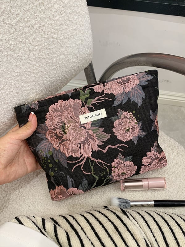 YEONADO Jacquard kozmetikai táska, nagy kapacitás, virágos minta, poliészter, vászon bélés