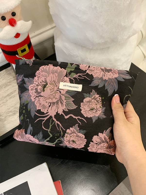 YEONADO Jacquard kozmetikai táska, nagy kapacitás, virágos minta, poliészter, vászon bélés