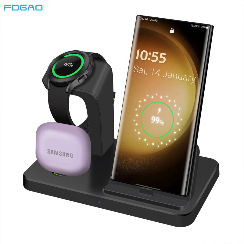 FDGAO încărcător vertical 3-in-1 pentru ceas, încărcare wireless și prin cablu, QC3.0, încărcare magnetică, 2A, 20W, compatibil cu Samsung Galaxy S23 Ultra