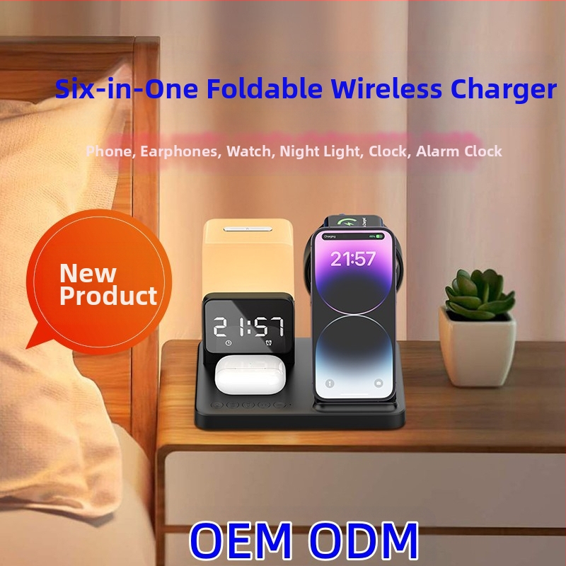 Stilīgs saliekams bezvadu uzlādes statīvs ar apkārtnes naktsgaismas funkciju — seši vienā, magnētiskā uzlāde, Qi/QC3.0, līdz 15W, saderīgs ar iPhone, Apple Watch un AirPods