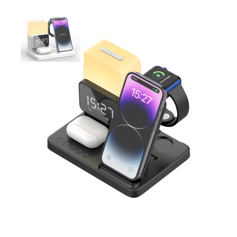 Stilīgs saliekams bezvadu uzlādes statīvs ar apkārtnes naktsgaismas funkciju — seši vienā, magnētiskā uzlāde, Qi/QC3.0, līdz 15W, saderīgs ar iPhone, Apple Watch un AirPods