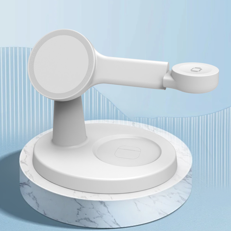 Trīs vienā bezvadu uzlādes statīvs priekš telefona, pulksteņa un ausu austiņām — 15W maksimālā jauda, QC3.0, magnētiska uzlāde, 9V-2A/12V-2A, kopējā jauda 22,5W