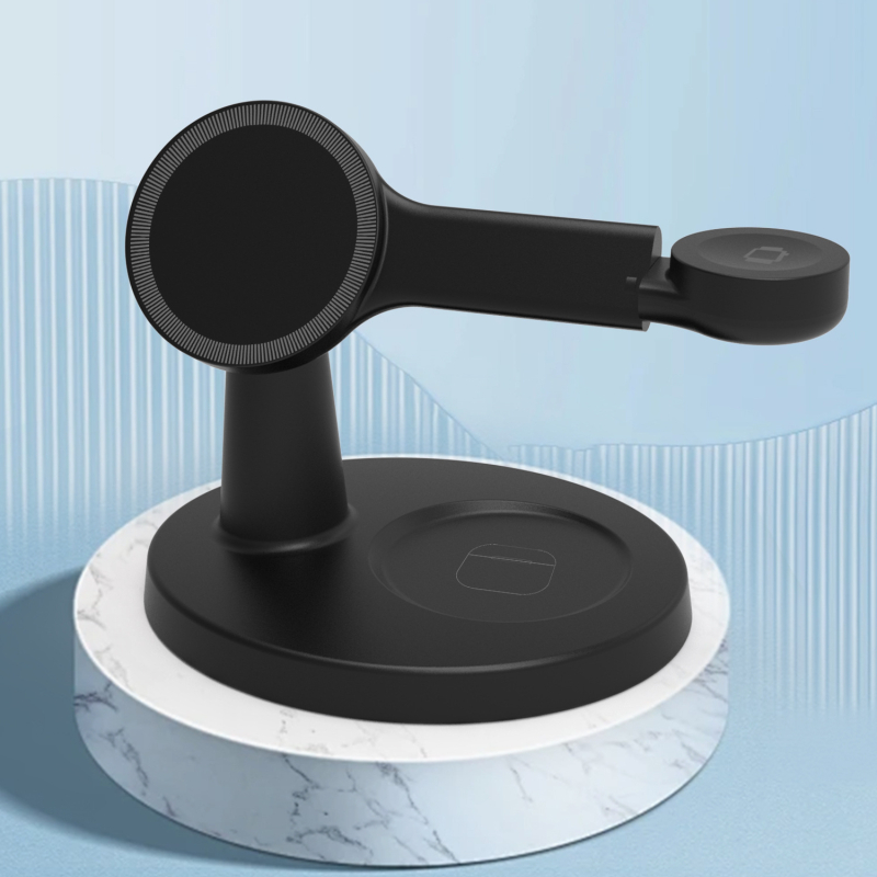 Trīs vienā bezvadu uzlādes statīvs priekš telefona, pulksteņa un ausu austiņām — 15W maksimālā jauda, QC3.0, magnētiska uzlāde, 9V-2A/12V-2A, kopējā jauda 22,5W