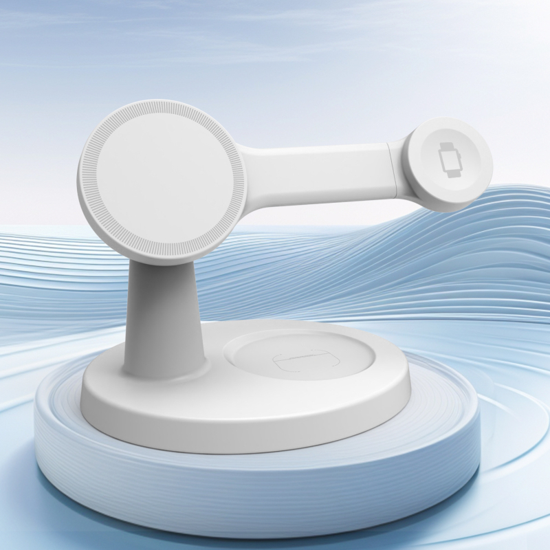 Trīs vienā bezvadu uzlādes statīvs priekš telefona, pulksteņa un ausu austiņām — 15W maksimālā jauda, QC3.0, magnētiska uzlāde, 9V-2A/12V-2A, kopējā jauda 22,5W