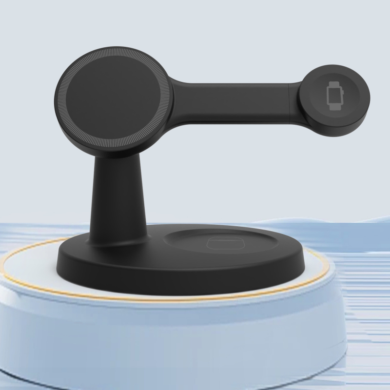 Trīs vienā bezvadu uzlādes statīvs priekš telefona, pulksteņa un ausu austiņām — 15W maksimālā jauda, QC3.0, magnētiska uzlāde, 9V-2A/12V-2A, kopējā jauda 22,5W