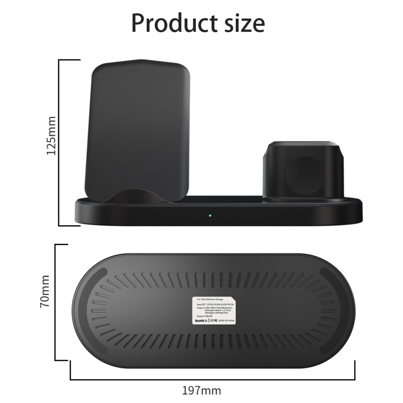 S600 bezvadu uzlādes trīs vienā, 25W maksimālais jaudas izvads, 9V ieeja, 3A ātrā uzlāde, Apple ierīcēm, CE FCC ROSH Qi