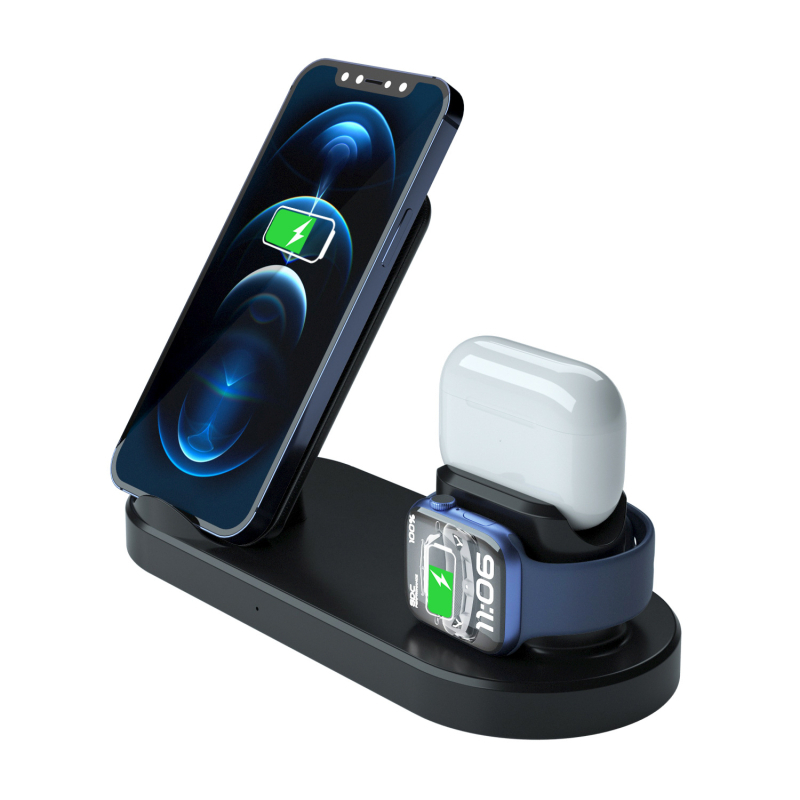 S600 bezvadu uzlādes trīs vienā, 25W maksimālais jaudas izvads, 9V ieeja, 3A ātrā uzlāde, Apple ierīcēm, CE FCC ROSH Qi