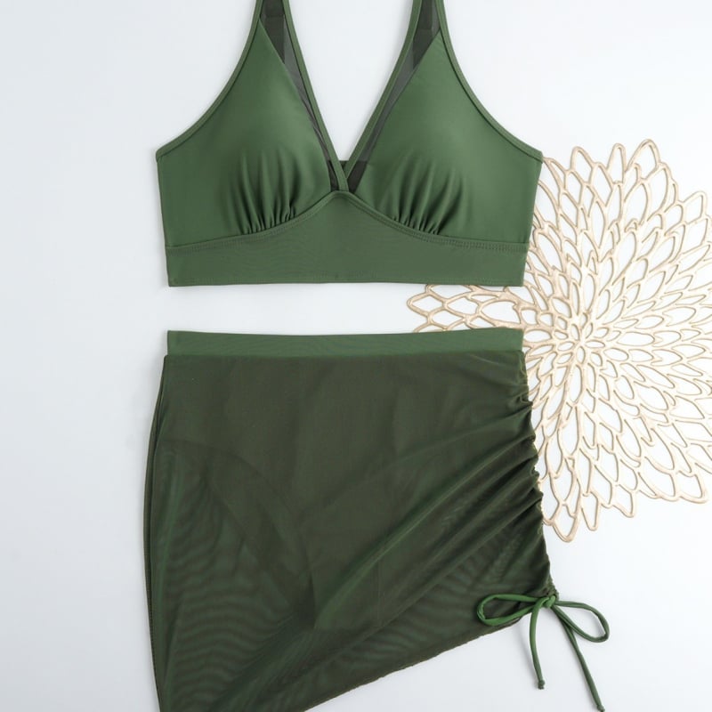 Ženski bikini s mrežastom suknjom i šnira – visok postol, otkriveni leđa, jastučić za grudi, najlon tkanina, podstava od poliestera