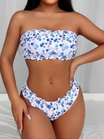 Costum de baie pentru femei cu imprimeu floral, top fără bretele, cu cupe încorporate, material poliester, căptușeală poliester 95%, potrivit pentru înot