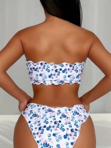 Costum de baie pentru femei cu imprimeu floral, top fără bretele, cu cupe încorporate, material poliester, căptușeală poliester 95%, potrivit pentru înot