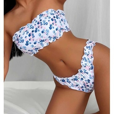 Costum de baie pentru femei cu imprimeu floral, top fără bretele, cu cupe încorporate, material poliester, căptușeală poliester 95%, potrivit pentru înot