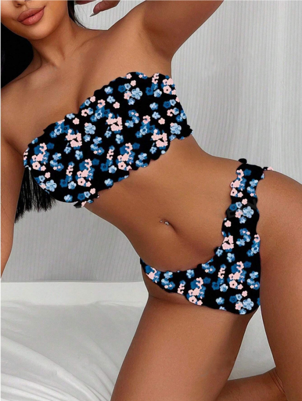 Costum de baie pentru femei cu imprimeu floral, top fără bretele, cu cupe încorporate, material poliester, căptușeală poliester 95%, potrivit pentru înot