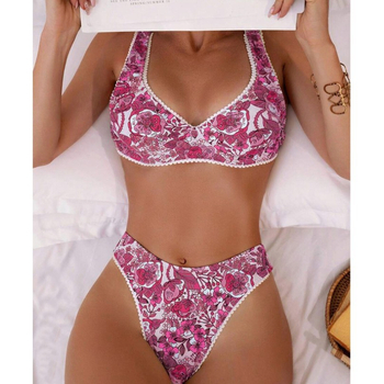 Bikini maudymosi kostiumėlis su viela ir krūties įdėklais, gėlių raštas, poliesterio audinys, aukštos juosmens