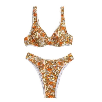 Bikini maudymosi kostiumėlis su viela ir krūties įdėklais, gėlių raštas, poliesterio audinys, aukštos juosmens