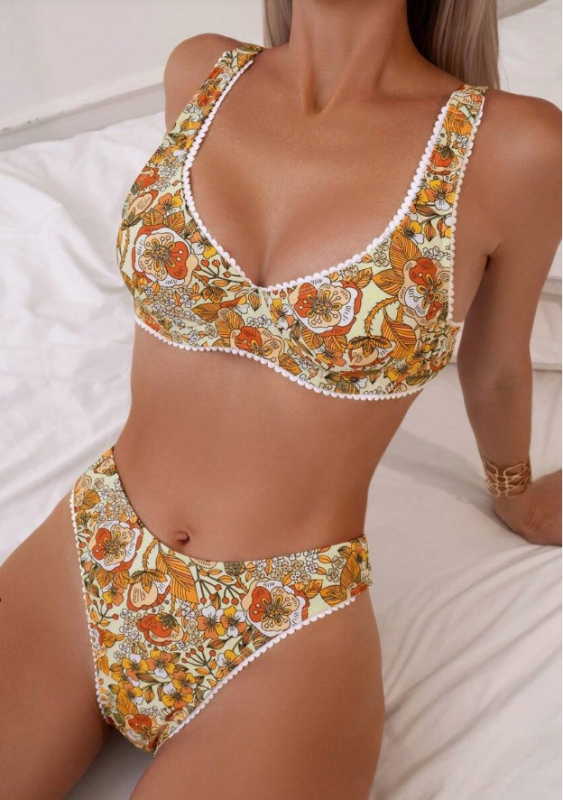 Bikini maudymosi kostiumėlis su viela ir krūties įdėklais, gėlių raštas, poliesterio audinys, aukštos juosmens