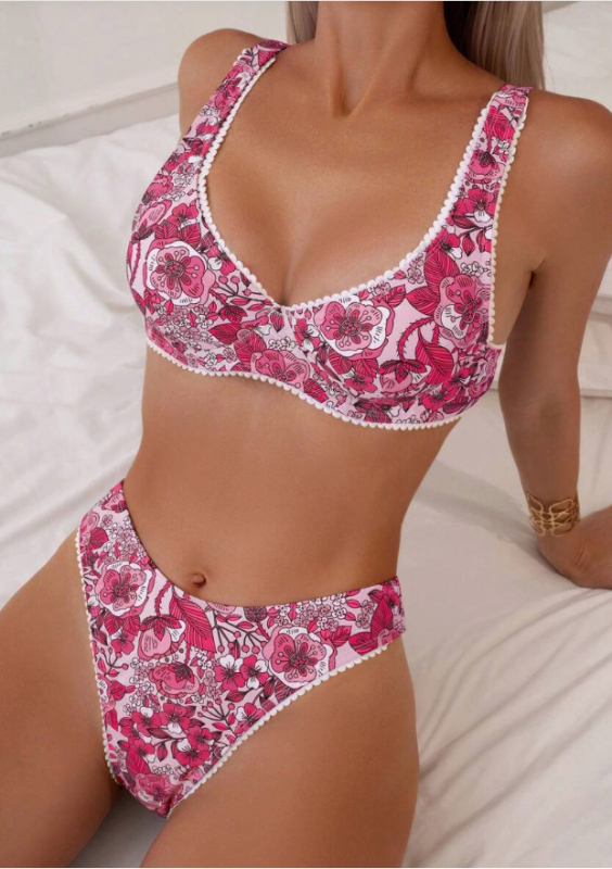 Bikini maudymosi kostiumėlis su viela ir krūties įdėklais, gėlių raštas, poliesterio audinys, aukštos juosmens