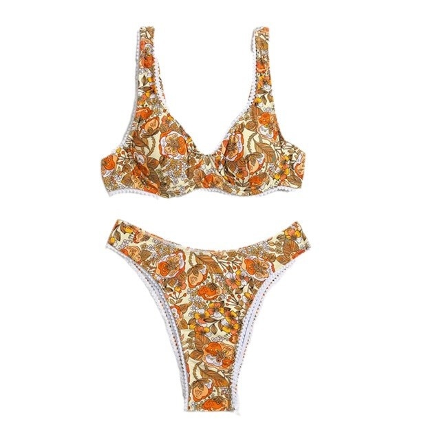 Bikini maudymosi kostiumėlis su viela ir krūties įdėklais, gėlių raštas, poliesterio audinys, aukštos juosmens
