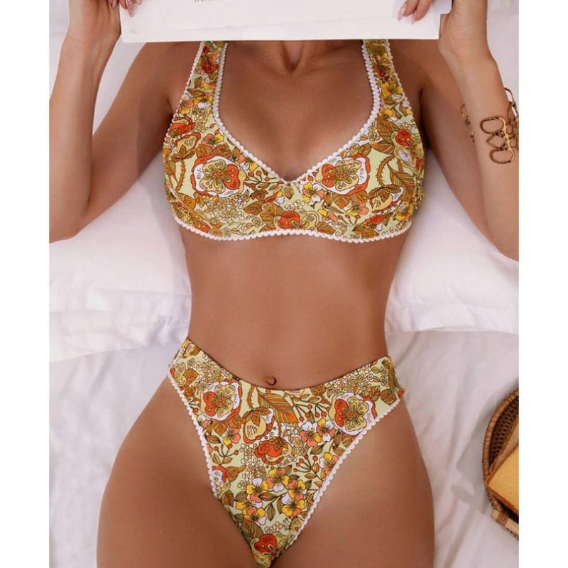 Bikini maudymosi kostiumėlis su viela ir krūties įdėklais, gėlių raštas, poliesterio audinys, aukštos juosmens