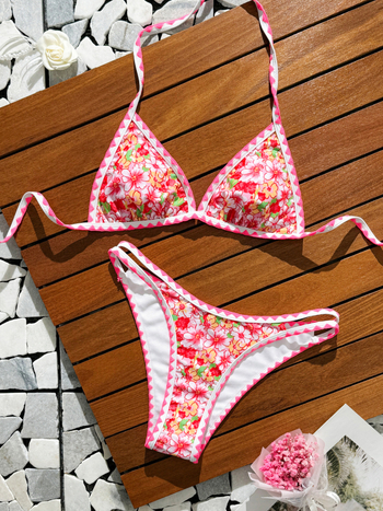 Costum de baie două piese, imprimeu floral, cupe căptușite, fără sârmă, din poliester