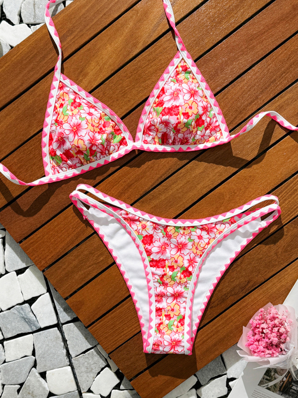 Costum de baie două piese, imprimeu floral, cupe căptușite, fără sârmă, din poliester