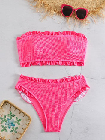 Dvostruka bikini s tube topom za žene, cvjetni uzorak, otvorena leđa s vezicom, bez rukava, 82% poliester, 18% spandex, težina oko 300 g
