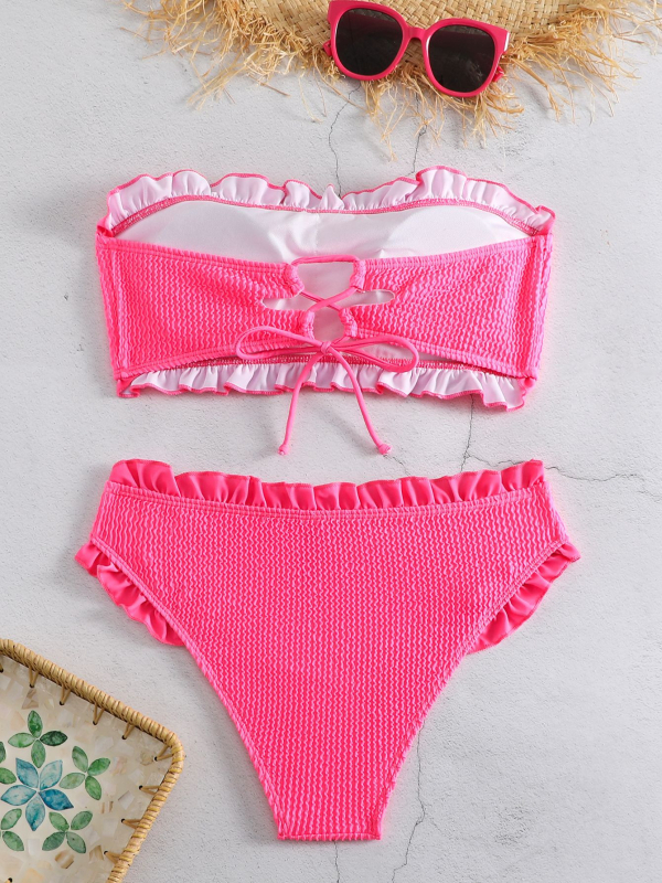 Dvostruka bikini s tube topom za žene, cvjetni uzorak, otvorena leđa s vezicom, bez rukava, 82% poliester, 18% spandex, težina oko 300 g