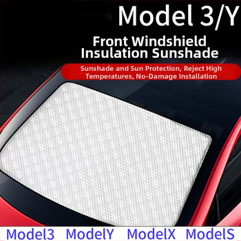 Priekšējā saules aizsargājošā aizkars Tesla Model Y/3 — sešu slāņu stingra siltuma izolācija, poliestera šķiedra, stiprinājums ar sprādzi, pielāgojama