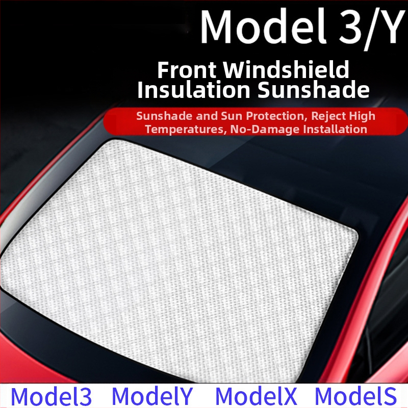 Priekinė saulės užuolaida Tesla Model Y/3 — šešių sluoksnių sustiprinta šilumos izoliacija, poliesterio pluoštas, tvirtinimas spaustuku, pritaikoma