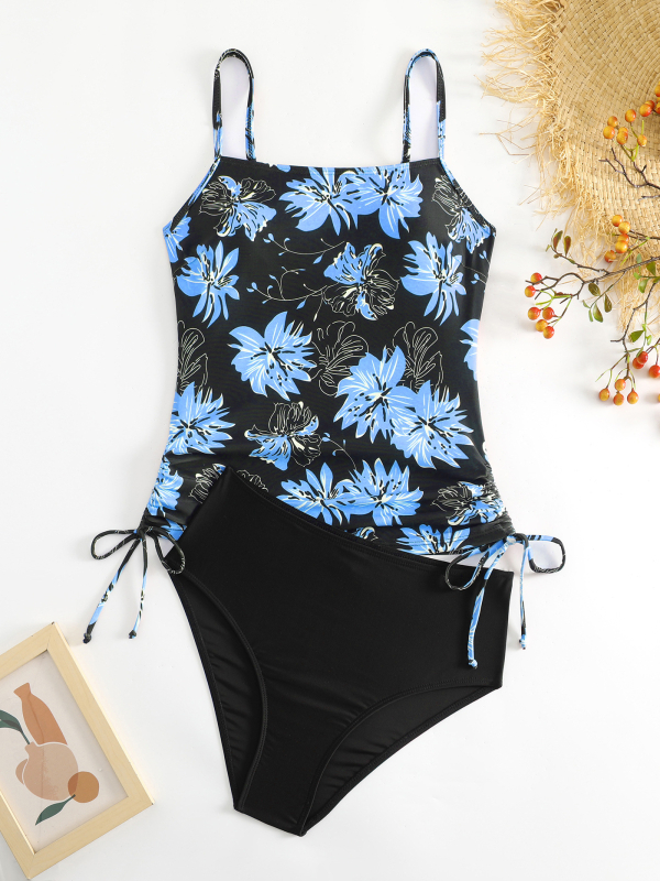 Costum de baie floral, două piese, cu bureţi pentru bust; ţesătură 82% poliester, captuseală 18% elastan, greutate 200 g