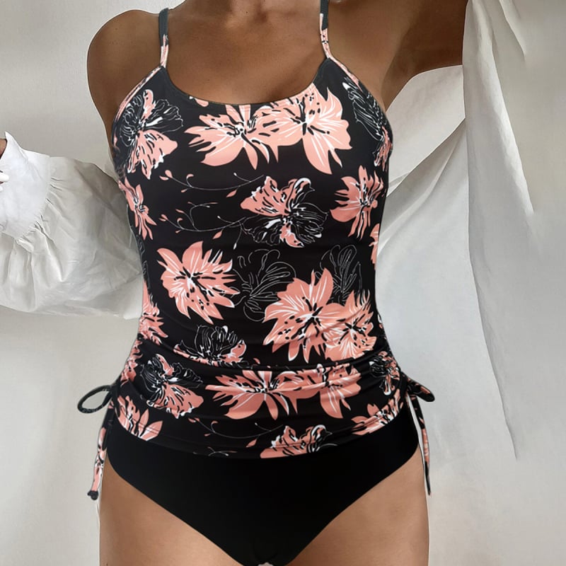 Costum de baie floral, două piese, cu bureţi pentru bust; ţesătură 82% poliester, captuseală 18% elastan, greutate 200 g