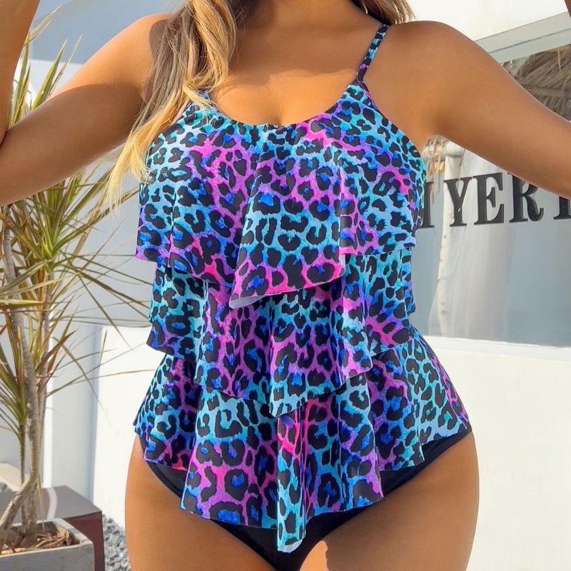 Leopárd mintás, lótuszlevél-szegéllyel ellátott felosztott tankini fürdőruha, hát nélküli, beépített melltartó párnával, poliészter