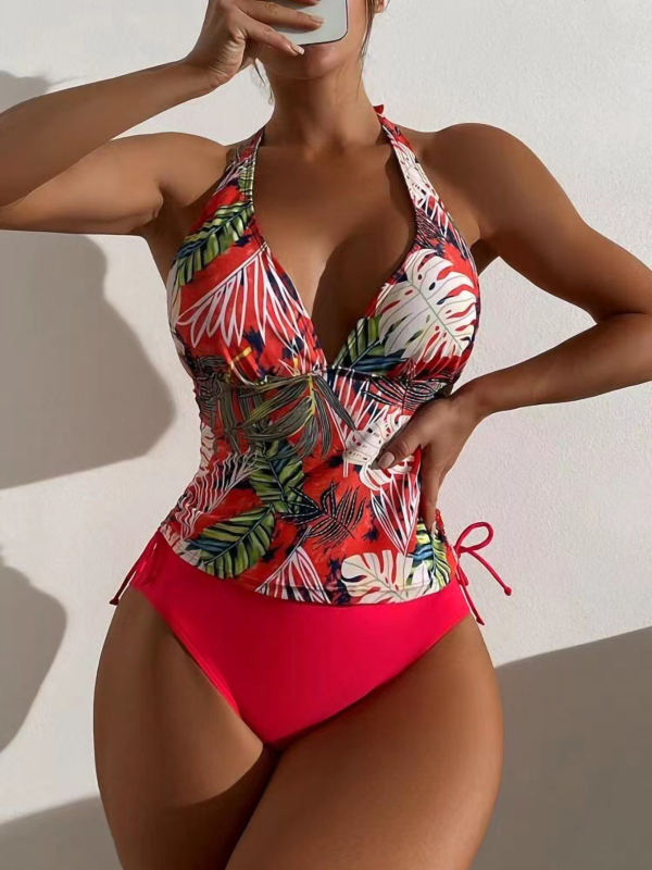 Ženski trokutasti bikini s printom lišća, vrh s vezicama, podstavljen, visoka elastičnost, poliester materijal (82% poliester), podstava poliester