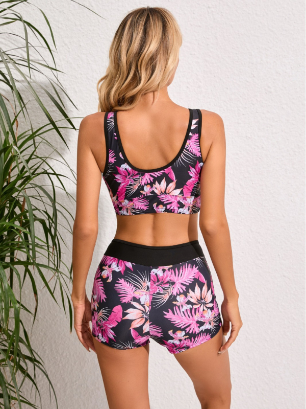 Moterų dviejų dalių plaukimo kostiumėlis su bokserio stiliaus apačioje, gėlių raštas, poliesterio-spandekso audinys, krūtinės pagalvėlė ir pamušalas