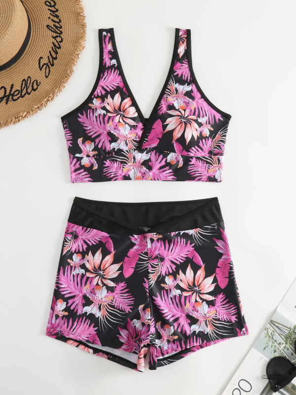 Moterų dviejų dalių plaukimo kostiumėlis su bokserio stiliaus apačioje, gėlių raštas, poliesterio-spandekso audinys, krūtinės pagalvėlė ir pamušalas
